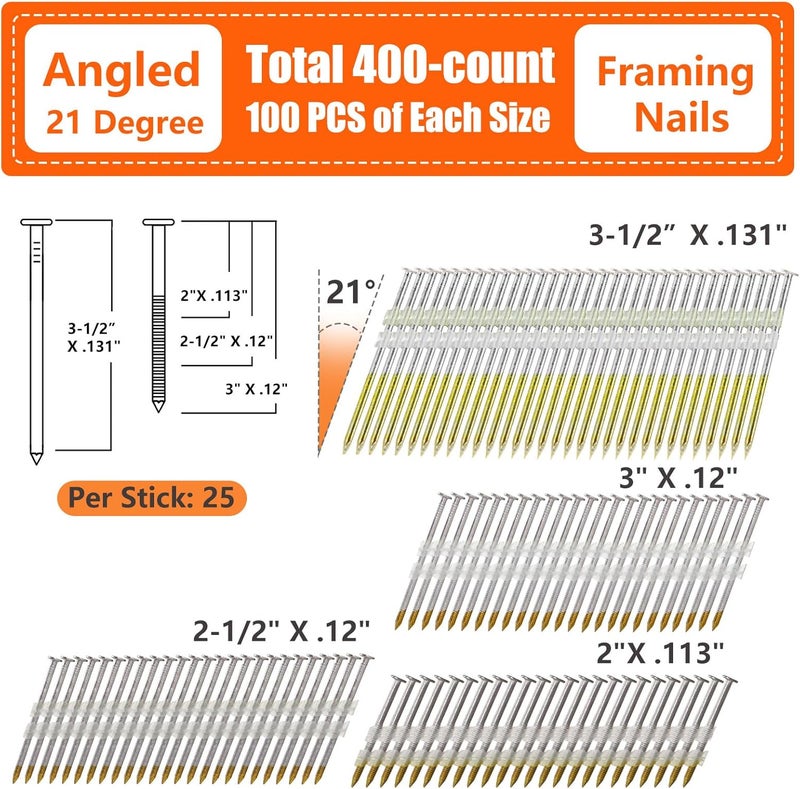 SITLDY 21 Degree Framing Nails 4 SIZES (2"+2-1/2"+3.0") Ring Shank+3-1/2" Smooth Shank), Full Round Head Hot Dipped Galvanized, 100 per Size, 400 Count, Assorted Size, 20 to 22 Degree Framing Nailer - Image 2